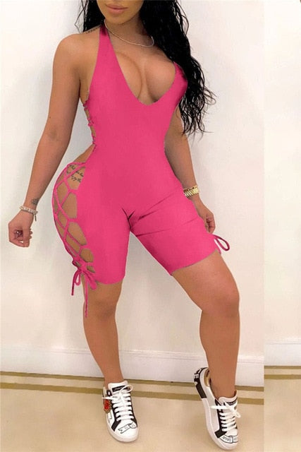 2020 Sexy Women Deep V-neck Jumpsuit Sleeveless Halter Backless Hollow Out Playsuit Rompers Sports Floral Print Lace-up Jumpsuit