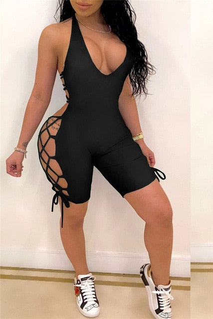 2020 Sexy Women Deep V-neck Jumpsuit Sleeveless Halter Backless Hollow Out Playsuit Rompers Sports Floral Print Lace-up Jumpsuit