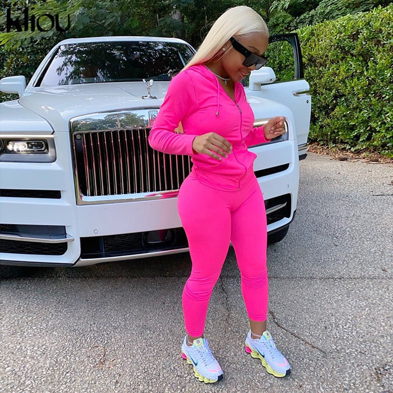 Kliou autumn new women hooded zipper pocket long sleeve tops sporty leggings matching set workout bodycon casual stretchy outfit