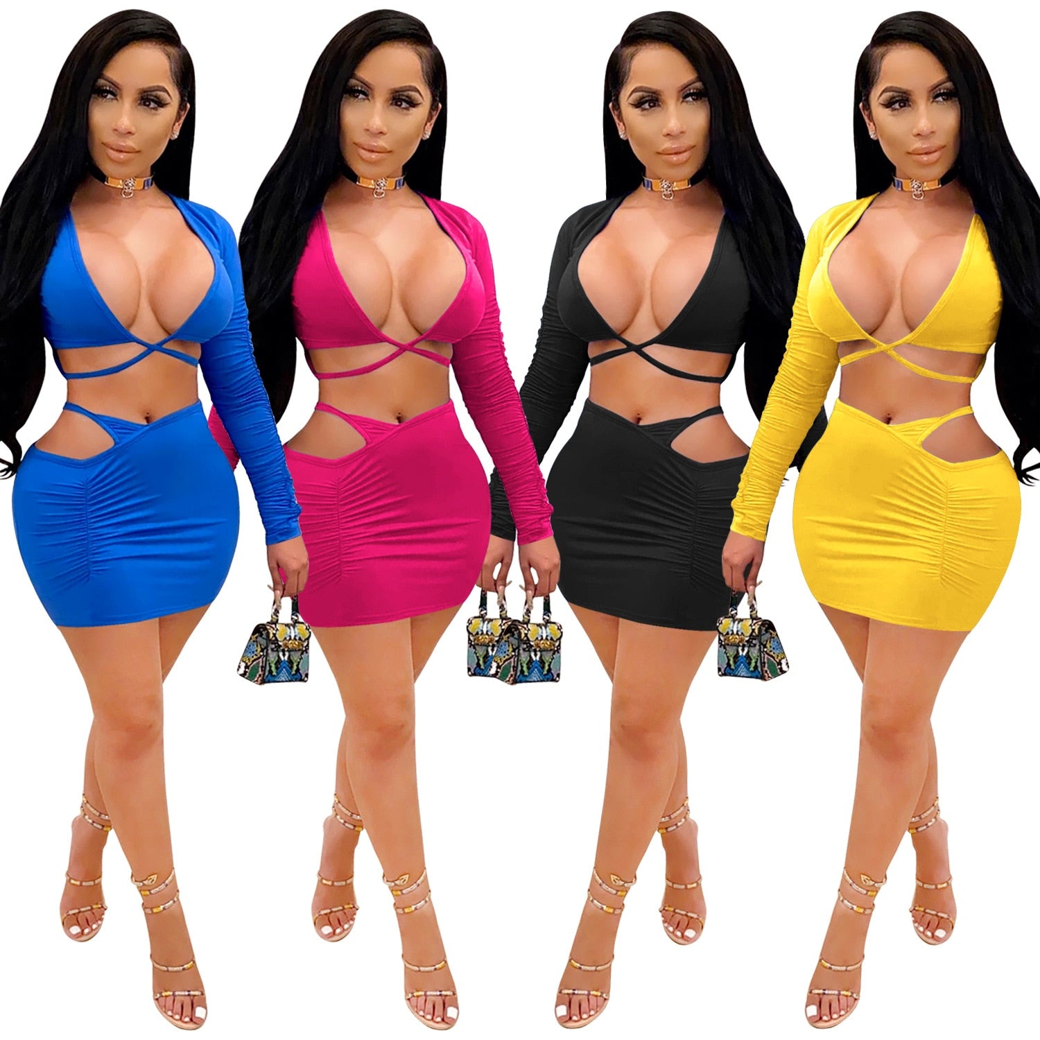 Cutubly Solid Suit Outfit Sexy Two Piece Set Women Deep V Crop Top and Mini Skirt Set Tracksuit Ruched Hollow Out Club Wear
