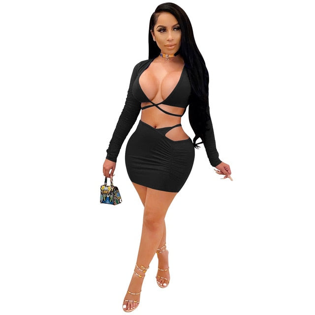 Cutubly Solid Suit Outfit Sexy Two Piece Set Women Deep V Crop Top and Mini Skirt Set Tracksuit Ruched Hollow Out Club Wear