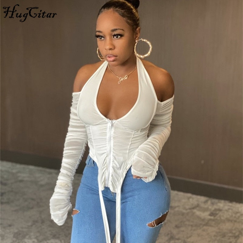 Hugcitar 2020 Long Stacked Sleeve Halter Zipper Patchwork Sexy Crop Top Autumn Winter Women Fashion Streetwear Tshitrs Club Tees