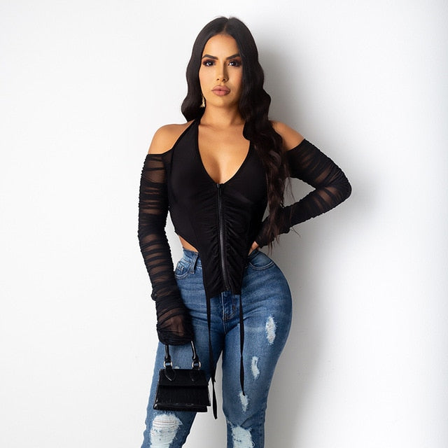 Hugcitar 2020 Long Stacked Sleeve Halter Zipper Patchwork Sexy Crop Top Autumn Winter Women Fashion Streetwear Tshitrs Club Tees