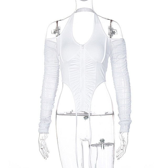 Hugcitar 2020 Long Stacked Sleeve Halter Zipper Patchwork Sexy Crop Top Autumn Winter Women Fashion Streetwear Tshitrs Club Tees