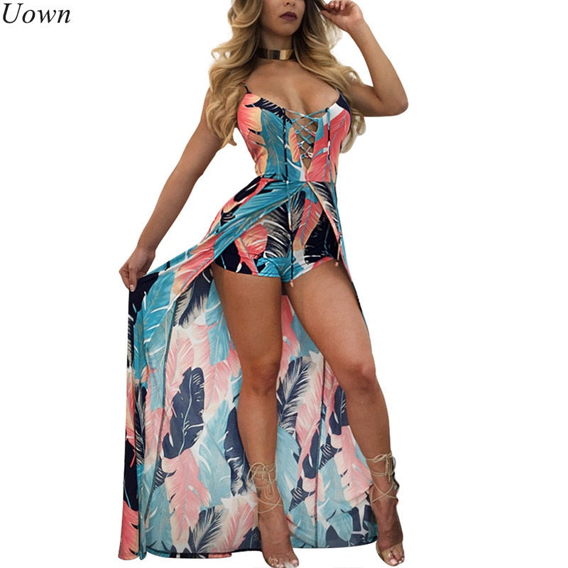 Elegant Boho Strap Beach Jumpsuit Romper Women Backless Lace Up Combishort Femme Ladies Feather Print Playsuits Summer Overalls