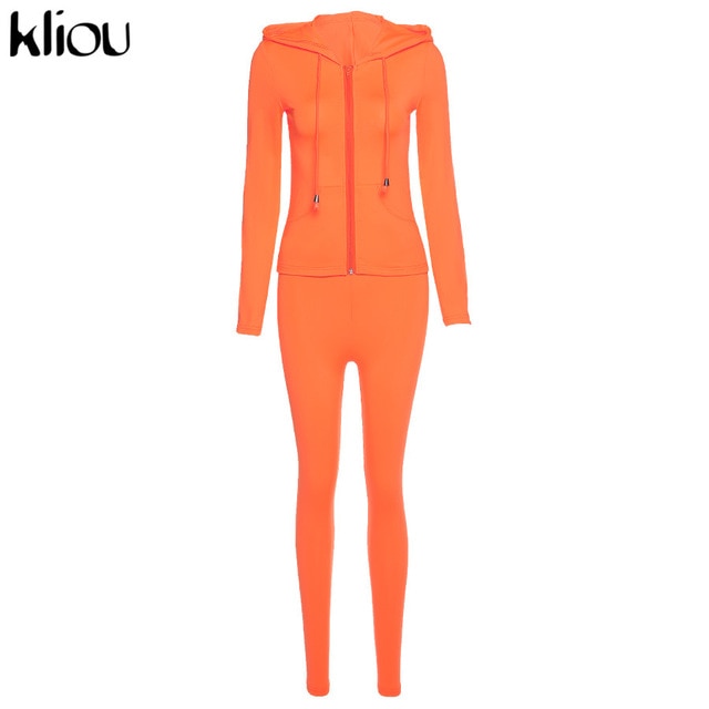 Kliou autumn new women hooded zipper pocket long sleeve tops sporty leggings matching set workout bodycon casual stretchy outfit