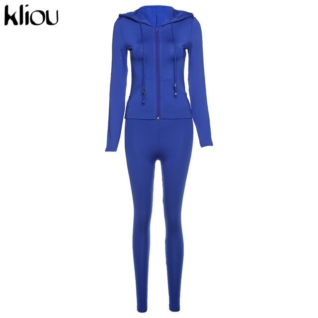 Kliou autumn new women hooded zipper pocket long sleeve tops sporty leggings matching set workout bodycon casual stretchy outfit