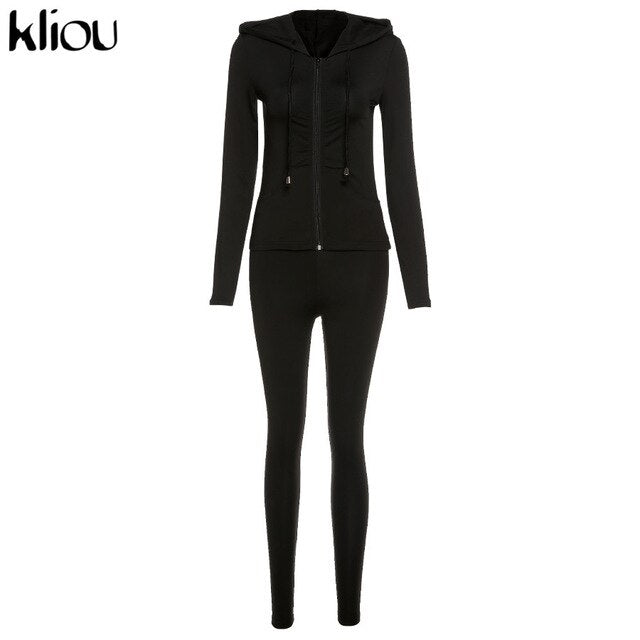 Kliou autumn new women hooded zipper pocket long sleeve tops sporty leggings matching set workout bodycon casual stretchy outfit
