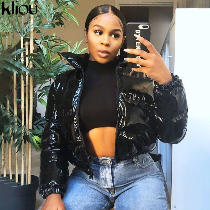 Kliou Crop Bubble Puffer Coat Winter Parkas Faux PU Leather Warm Long Sleeve Women Outerwear Zipper Casual Solid Slim Hot Jacket