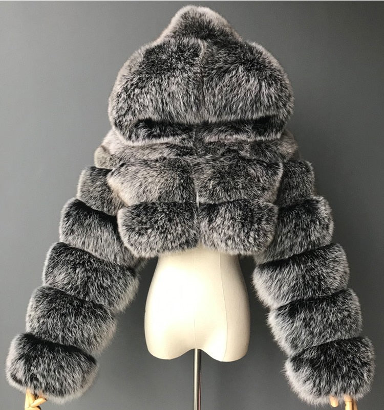 Fashion Autumn Winter High Quality Faux Fox Fur Coat Women 2020 Vintage Long Sleeve with Cap Slim Short Jackets Furry Coat Femme