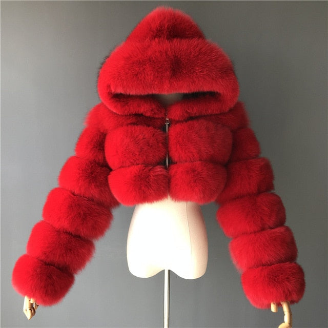 Fashion Autumn Winter High Quality Faux Fox Fur Coat Women 2020 Vintage Long Sleeve with Cap Slim Short Jackets Furry Coat Femme