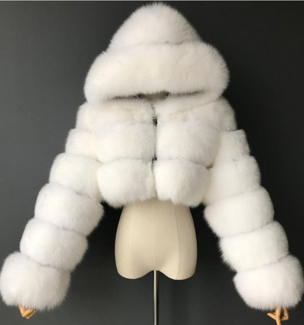 Fashion Autumn Winter High Quality Faux Fox Fur Coat Women 2020 Vintage Long Sleeve with Cap Slim Short Jackets Furry Coat Femme