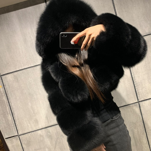 Fashion Autumn Winter High Quality Faux Fox Fur Coat Women 2020 Vintage Long Sleeve with Cap Slim Short Jackets Furry Coat Femme