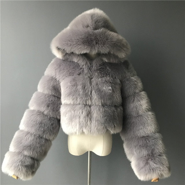 Fashion Autumn Winter High Quality Faux Fox Fur Coat Women 2020 Vintage Long Sleeve with Cap Slim Short Jackets Furry Coat Femme