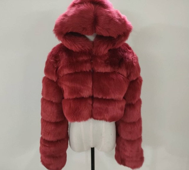 Fashion Autumn Winter High Quality Faux Fox Fur Coat Women 2020 Vintage Long Sleeve with Cap Slim Short Jackets Furry Coat Femme