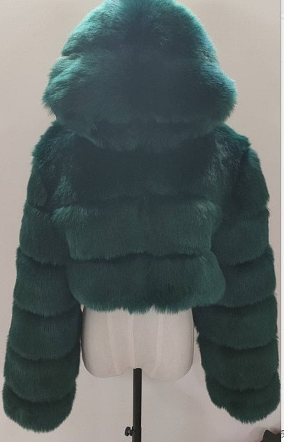 Fashion Autumn Winter High Quality Faux Fox Fur Coat Women 2020 Vintage Long Sleeve with Cap Slim Short Jackets Furry Coat Femme
