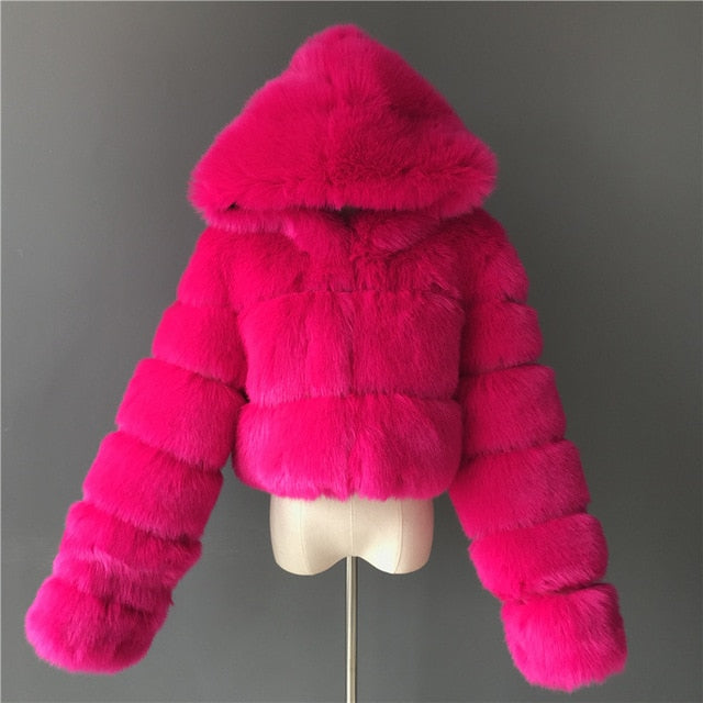 Fashion Autumn Winter High Quality Faux Fox Fur Coat Women 2020 Vintage Long Sleeve with Cap Slim Short Jackets Furry Coat Femme