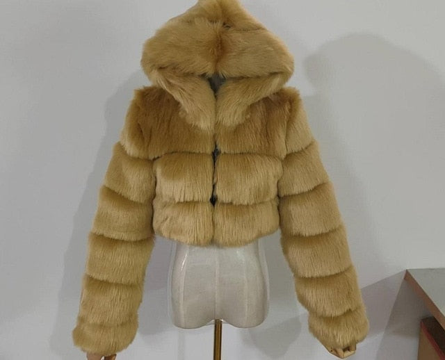 Fashion Autumn Winter High Quality Faux Fox Fur Coat Women 2020 Vintage Long Sleeve with Cap Slim Short Jackets Furry Coat Femme