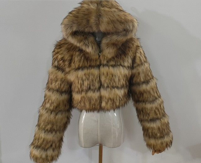 Fashion Autumn Winter High Quality Faux Fox Fur Coat Women 2020 Vintage Long Sleeve with Cap Slim Short Jackets Furry Coat Femme