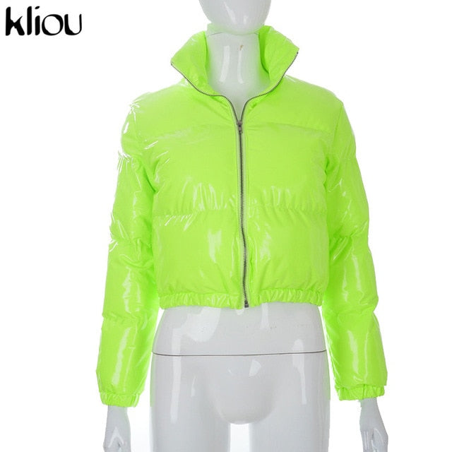 Kliou Crop Bubble Puffer Coat Winter Parkas Faux PU Leather Warm Long Sleeve Women Outerwear Zipper Casual Solid Slim Hot Jacket