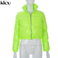 Kliou Crop Bubble Puffer Coat Winter Parkas Faux PU Leather Warm Long Sleeve Women Outerwear Zipper Casual Solid Slim Hot Jacket