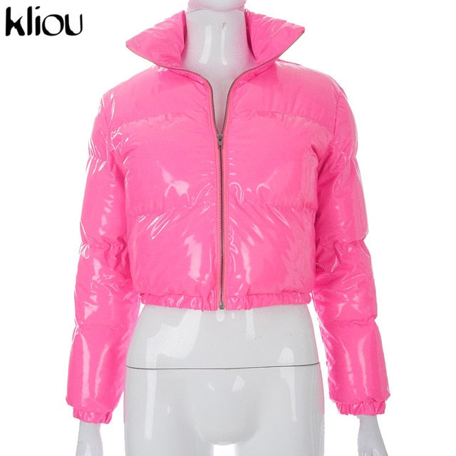 Kliou Crop Bubble Puffer Coat Winter Parkas Faux PU Leather Warm Long Sleeve Women Outerwear Zipper Casual Solid Slim Hot Jacket