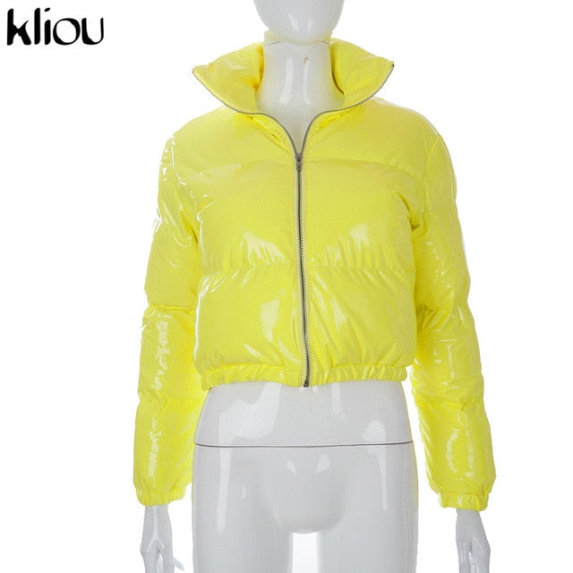 Kliou Crop Bubble Puffer Coat Winter Parkas Faux PU Leather Warm Long Sleeve Women Outerwear Zipper Casual Solid Slim Hot Jacket
