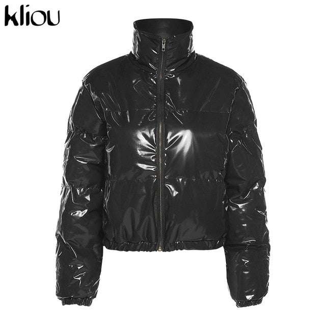 Kliou Crop Bubble Puffer Coat Winter Parkas Faux PU Leather Warm Long Sleeve Women Outerwear Zipper Casual Solid Slim Hot Jacket