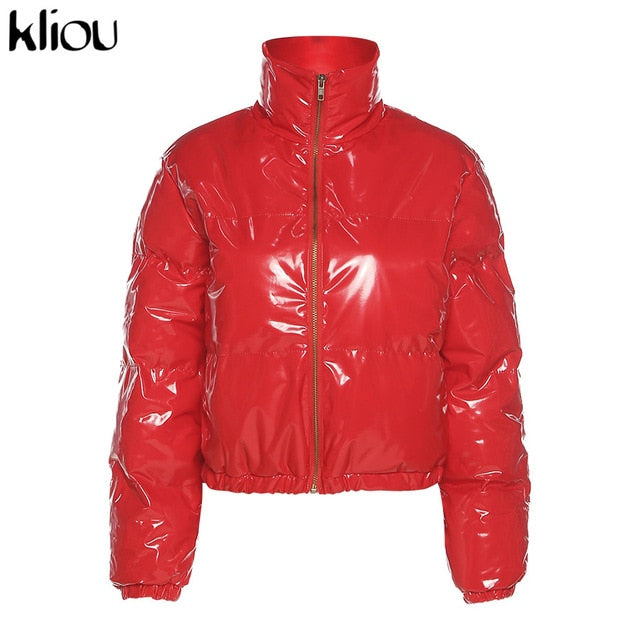 Kliou Crop Bubble Puffer Coat Winter Parkas Faux PU Leather Warm Long Sleeve Women Outerwear Zipper Casual Solid Slim Hot Jacket