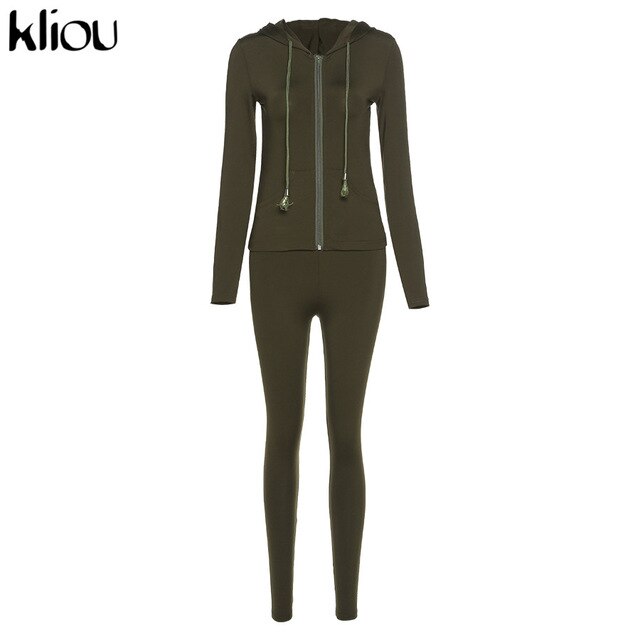 Kliou autumn new women hooded zipper pocket long sleeve tops sporty leggings matching set workout bodycon casual stretchy outfit