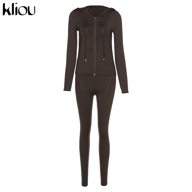 Kliou autumn new women hooded zipper pocket long sleeve tops sporty leggings matching set workout bodycon casual stretchy outfit