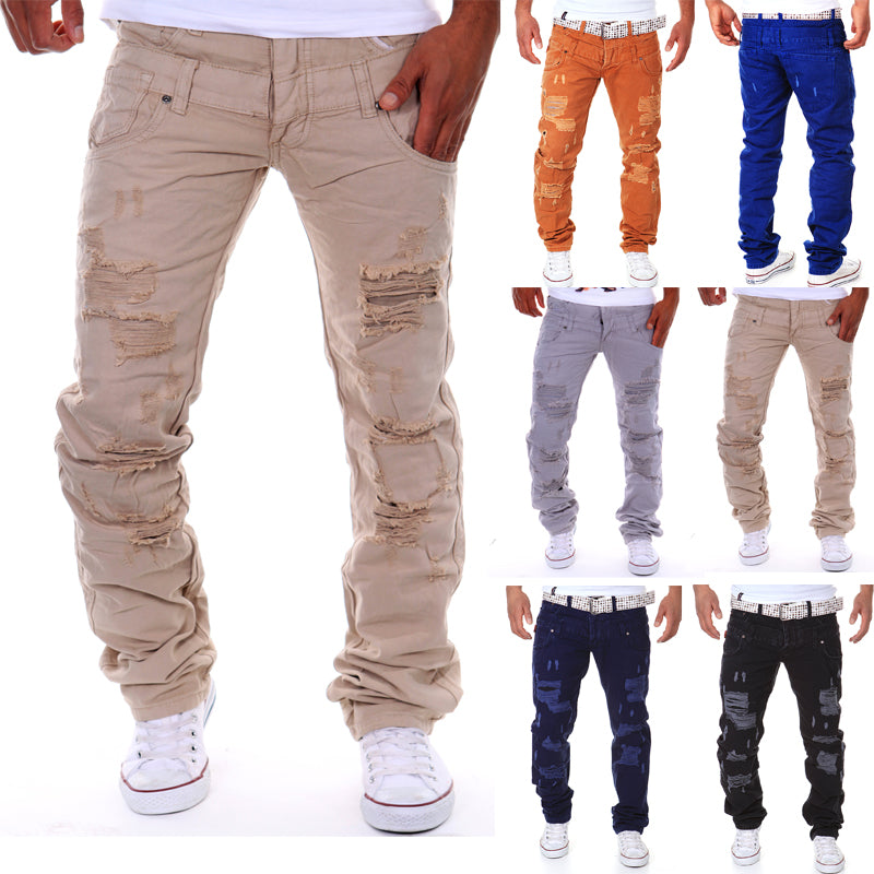 Spring and summer new men's double waist hole broken leisure trousers