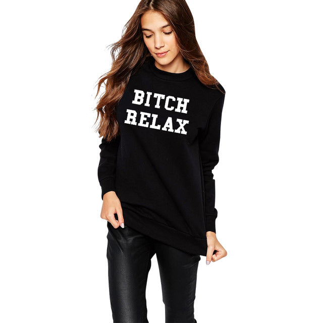 EAST KNITTING H1033 BITCH RELAX Letters Print Women Sweatshirts Fashion Casual Girls Black Sweat Shirt Pullovers Hoodies Women
