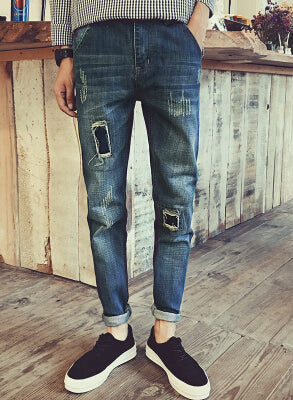 Top Selling Mens Holes jeans fashion Knife Cut Denim Pants Rock Style Slim Fit jeans For Men 2018 spring midweight Free shipping