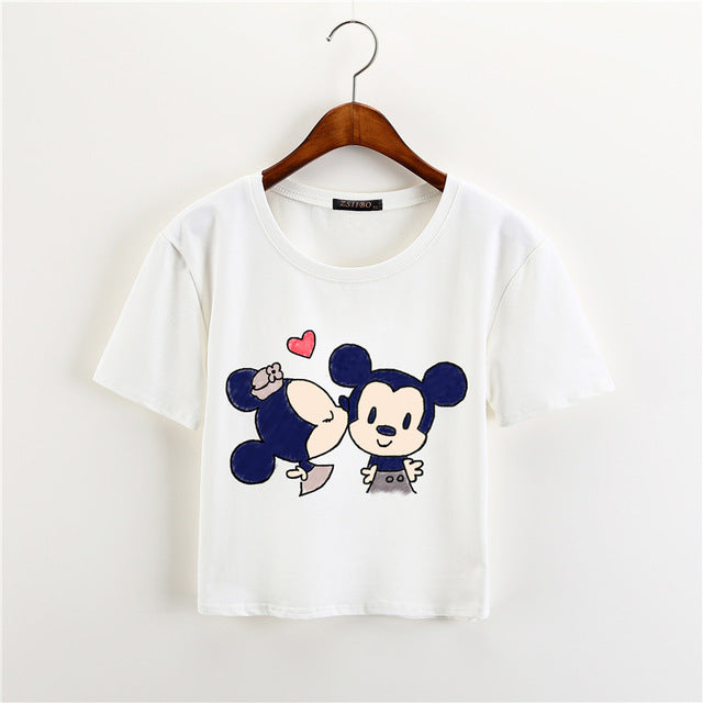 ZSIIBO 2017 Summer Black Mouse Print Casual Crop Tops Women Cute Short Sleeve T-Shirt Cartoon Finger Mouse Cropped KaDIY240