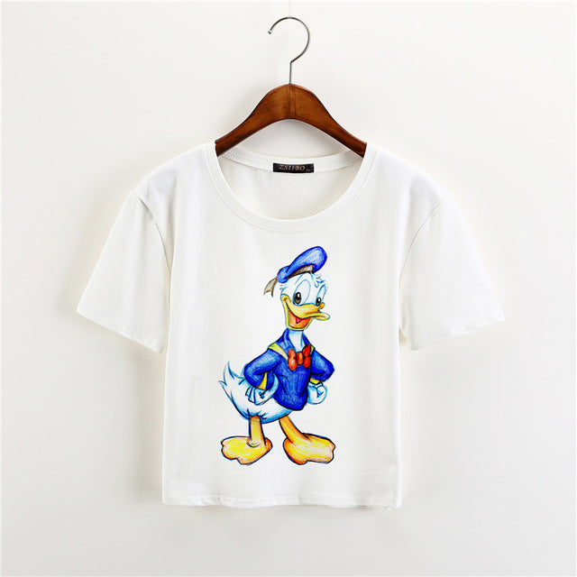 ZSIIBO 2017 Summer Black Mouse Print Casual Crop Tops Women Cute Short Sleeve T-Shirt Cartoon Finger Mouse Cropped KaDIY240
