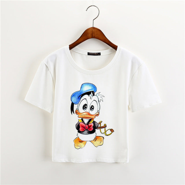 ZSIIBO 2017 Summer Black Mouse Print Casual Crop Tops Women Cute Short Sleeve T-Shirt Cartoon Finger Mouse Cropped KaDIY240