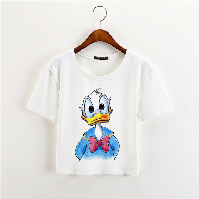 ZSIIBO 2017 Summer Black Mouse Print Casual Crop Tops Women Cute Short Sleeve T-Shirt Cartoon Finger Mouse Cropped KaDIY240