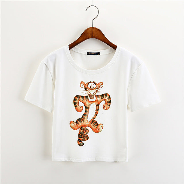 ZSIIBO 2017 Summer Black Mouse Print Casual Crop Tops Women Cute Short Sleeve T-Shirt Cartoon Finger Mouse Cropped KaDIY240