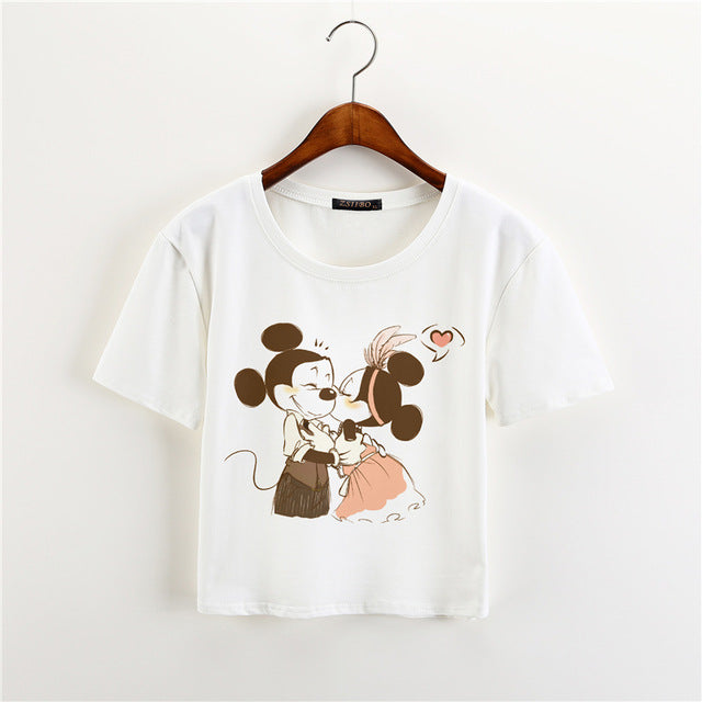 ZSIIBO 2017 Summer Black Mouse Print Casual Crop Tops Women Cute Short Sleeve T-Shirt Cartoon Finger Mouse Cropped KaDIY240