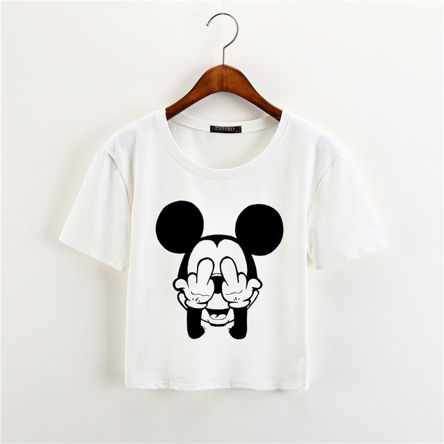 ZSIIBO 2017 Summer Black Mouse Print Casual Crop Tops Women Cute Short Sleeve T-Shirt Cartoon Finger Mouse Cropped KaDIY240