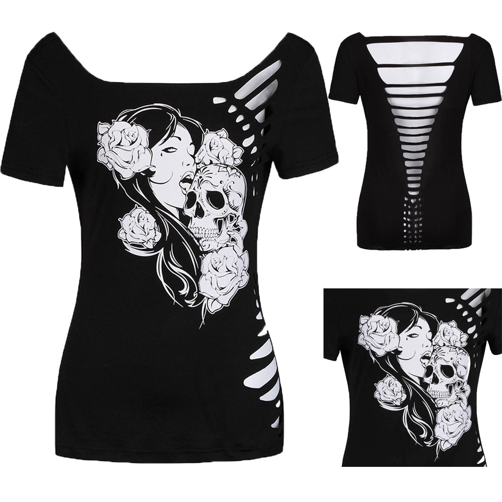 2017 summer sexy burning flowers hollow Skull head T-shirts plus size casual women T-shirt