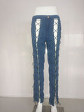 Bonnie Forest New Arrival Women LACE UP DENIM Jeans 2017 Summer LOOK Cross Straps Hollow Out Denim Skinny Jeans Long Pants