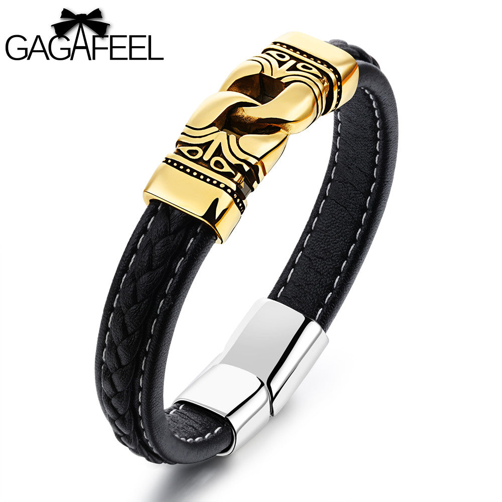 GAGAFEEL Men Wristband Magnetic Buckle Bracelet Stainless Steel Cattlehide Leather Jewelry Classic Bangles Black Rope Chain