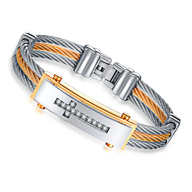 GAGAFEEL Jesus Cross Bracelet Men Jewelry Stainless Steel Mens Rock Bracelets & Bangles With 3 Rows Wire Chain Full Zircon H863