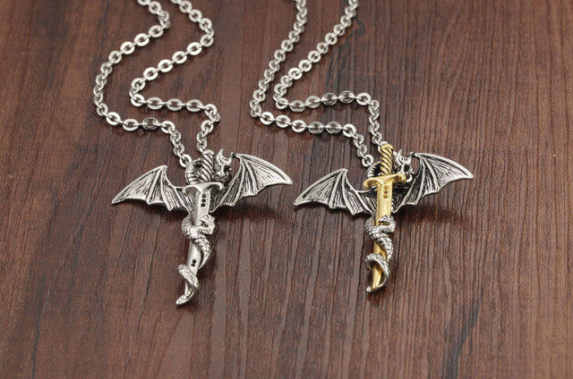 Fashion Gold Stainless Steel Jewelry Dragon Sword Men Punk Pendant Necklace Link Chain Charm Accessory Collar Hombre Gift N937