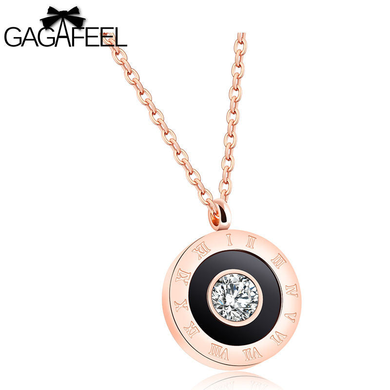GAGAFEEL Round Roman Numerals Pendant Necklace Women Choker Stainless Steel  Zircon Rose Gold Color Link Chain Clavicle Newest
