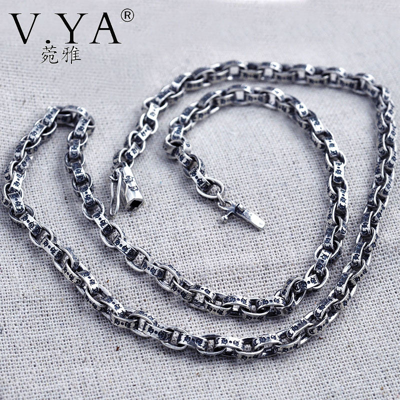 V.YA Pure Handmade Thai SilverJewelry Retro 925 silver 80CM Long Chain Men 's Oval Loop Pendant Necklace Devanagari Necklace Men