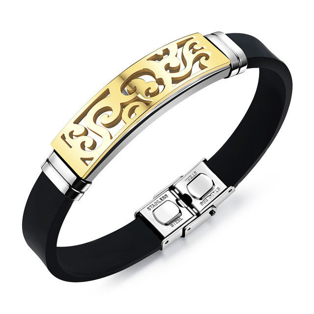 GAGAFEEL Rubber Bracelet For Men Punk Carved Jewelry Silicone Stainless Steel Bangles Silver Gold Color Wristband 200 mm Chain