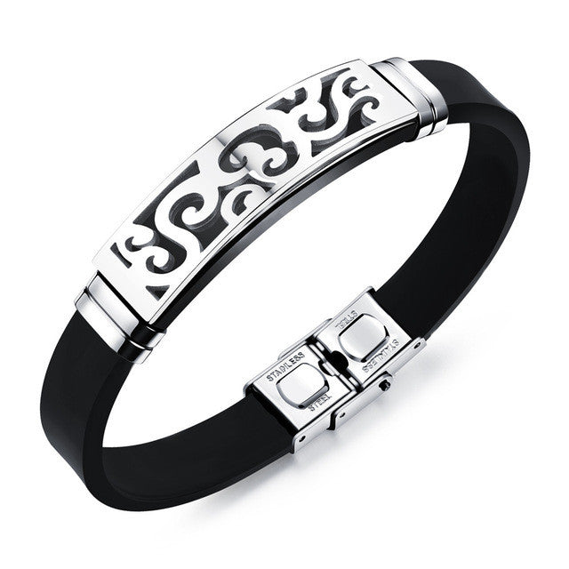 GAGAFEEL Rubber Bracelet For Men Punk Carved Jewelry Silicone Stainless Steel Bangles Silver Gold Color Wristband 200 mm Chain